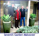 A group of people standing in front of a house with the words seventh garden makeover.