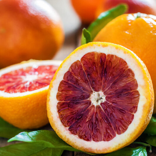 A close-up of a sliced blood orange with whole oranges from a Citrus Orange Tree 'Blood Orange' 13" Pot and leaves in the background.