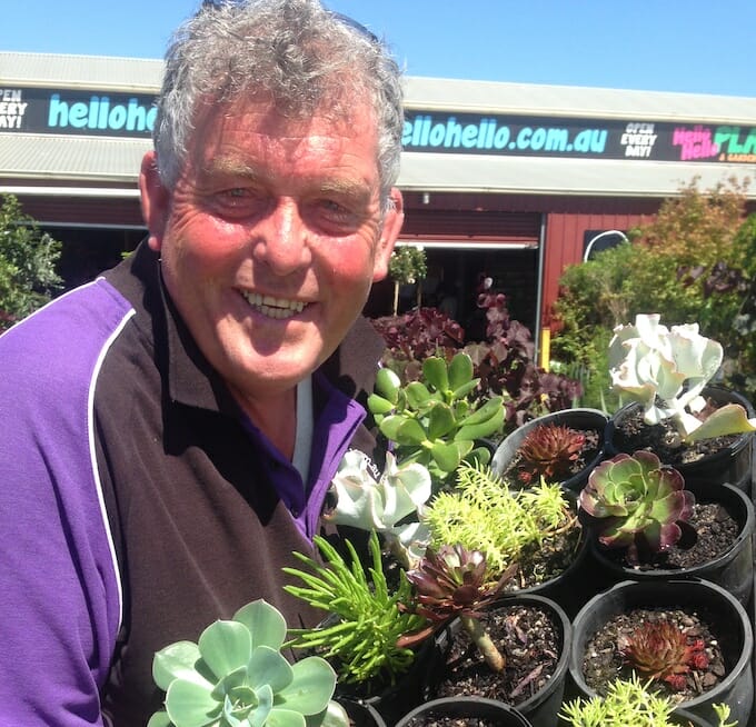 A man holding a bunch of succulents in the cheapest pot.