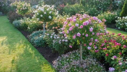 Manicured garden with blooming rose bushes and a neatly trimmed lawn in the evening light.