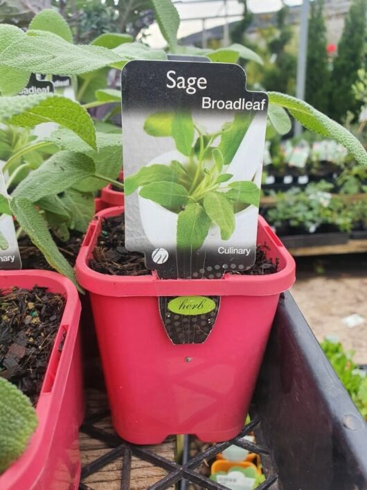A Salvia 'Broadleaf Sage' in a 4" pot stands proudly in a vibrant red container, beautifully displayed at the garden center.