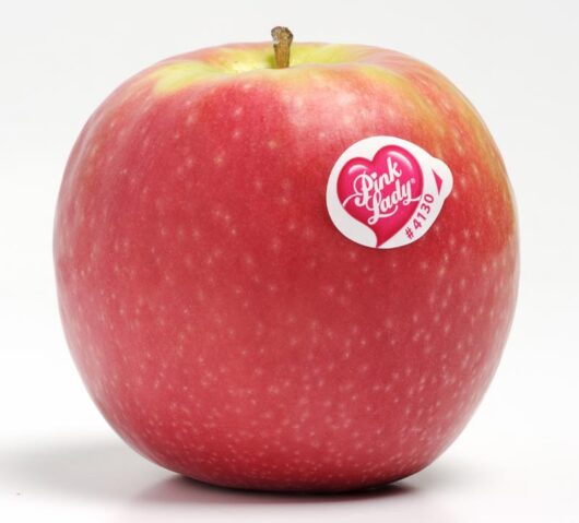 A Malus 'Pink Lady' Apple, scientifically known as Malus domestica, with a sticker labeled "#4130." The apple boasts a red and yellow skin and is set against a white background.