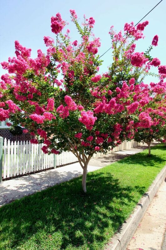 A vibrant row of pink Lagerstroemia 'Tonto' Crepe Myrtle trees in full bloom along a sidewalk, with a white picket fence and blue sky in the background.