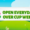 A colorful advertisement banner saying "hello hello plants - overstock sale open everyday over cup week!" set against a cartoonish green landscape.