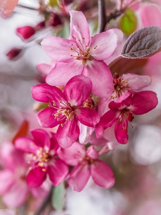 Close-up of a cluster of pink and magenta Malus 'Profusion' Crab Apple 10" Pot blossoms with visible stamens, set against a blurred background of similar flowers and leaves.