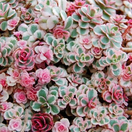 Close-up of dense cluster of frost-covered succulents, including Sedum Rainbow BLOB® 6" Pot, with rosette shapes, showing pink and green hues.