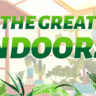 Graphic banner titled "Great Indoors!" featuring text centered over a backdrop of lush indoor plants and a blurred living room setting.