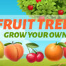 Illustration of various colorful fruit trees under the text "Fruit Trees: Grow Your Own!" set against a sunny, pastoral backdrop.