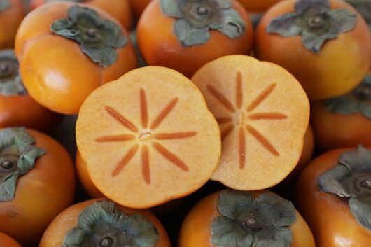 Close-up of ripe Persimmon 'Fuyu' 7L Bag with a sliced one in the foreground showing the star-shaped pattern inside.