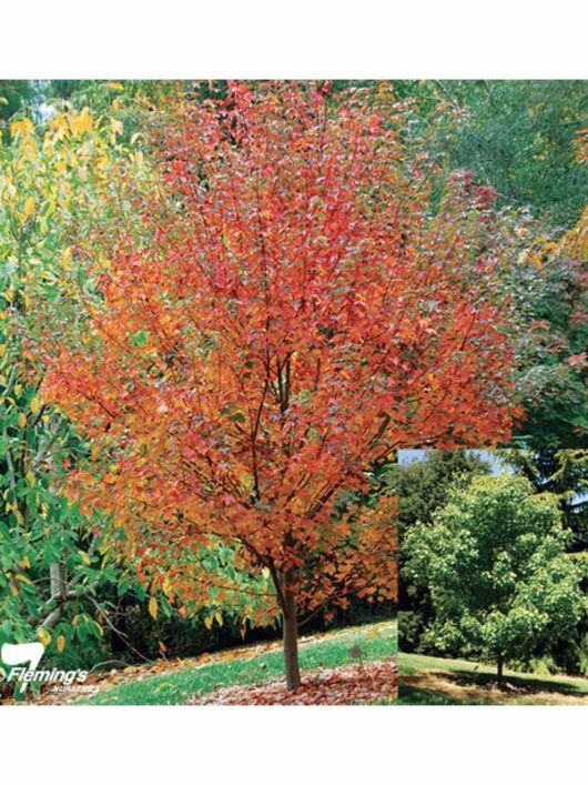 A vibrant Acer rubrum 'Fairview Flame' Maple 16" Pot tree displaying a full canopy of orange-red leaves, set in a lush green garden during autumn.