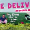 Promotional image of a green delivery van with a driver smiling, advertising "free plant delivery on orders above $300" for plant deliveries, in a rural setting.