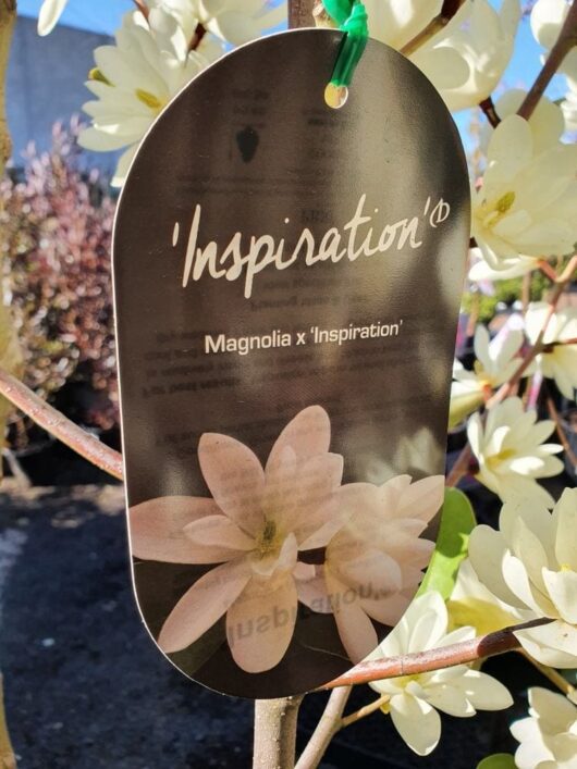 Close-up of a plant tag labeled "Magnolia 'Inspiration' PBR 13" Pot" attached to a blooming magnolia tree with white flowers in an outdoor setting.