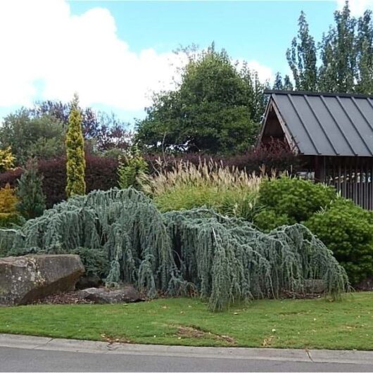 Roadside view of a diverse arrangement of shrubs, including a Cedrus 'Blue Cedar' Weeping 8" Pot and ornamental grasses, with a wooden building in the background under a cloudy sky.