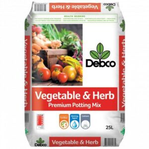 A 25L bag of Debco Premium Vegetable & Herb Soil Mix features vibrant images of vegetables and herbs on the packaging. It promotes premium qualities like fertilizers, wetting agents, and calcium to ensure healthy plant growth.
