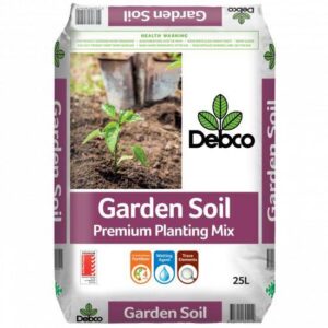 A 25L bag of Debco Premium Garden Soil Mix 25L featuring a small plant being grown in rich soil. The bag includes product benefits and health warning information.