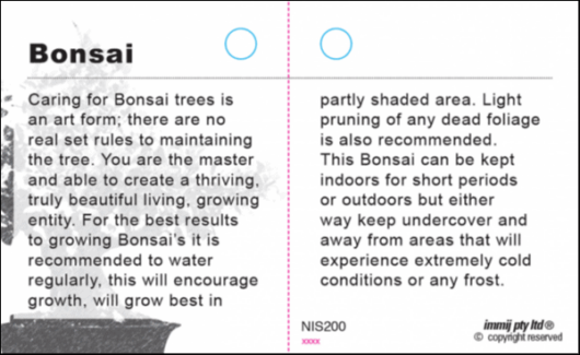 Information card about Acer palmatum 'Japanese Maple' (Bonsai Starter) 10" Pot care, detailing essential tips such as regular watering, removal of dead foliage, and suggestions for indoor or outdoor placement in partly shaded areas. Featuring species like Acer palmatum (Japanese Maple), perfect for beginners.