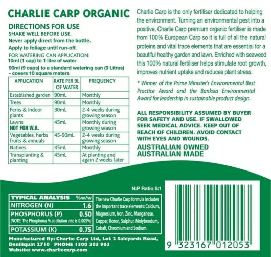 Label of Charlie Carp Premium Organic Liquid Fertilizer Concentrate 1L highlighting usage instructions, watering recommendations, ingredients analysis, and safety information. Contains a barcode and contact details for queries.