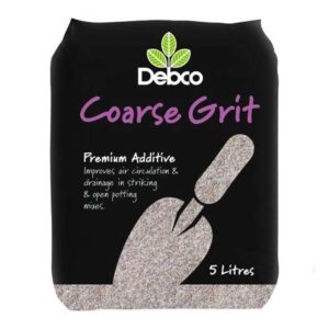 A 5-liter bag of Debco Professional Coarse Grit 5L, labeled as a premium additive for improving air circulation and drainage in striking and open potting mixes. This professional-grade product comes in a black bag with a green leaf logo.