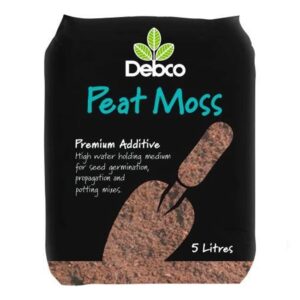 A black bag labeled "Debco Peat Moss 5L" with green text and an illustration of a scoop. This 5L bag is described as a premium additive for seed germination, propagation, and potting mixes.