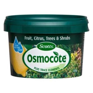 A green container labeled "Osmocote Controlled Release Fertiliser: Fruit, Citrus, Trees & Shrubs 500g" by Scotts, intended for fruit citrus trees and shrubs, with a 500g net weight displayed. This Osmocote Controlled Release Fertiliser ensures optimal growth and nutrition.