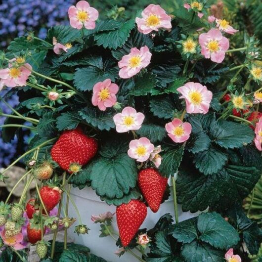 A Strawberry 'Fragoo Pink' 4'' Pot with large red strawberries and pink flowers, surrounded by green leaves in a white 4'' pot.