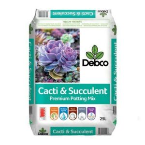 Bag of Debco Cacti & Succulent Soil Mix 25L, featuring product info and an image of a succulent. Bag highlights key mix benefits like water retention, trace elements, calcium, and coarse grit.