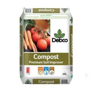 Image of a Debco brand compost bag labeled "Debco Premium Garden Compost 25L" with a photo of vegetables, icons for features, and a 25L capacity.