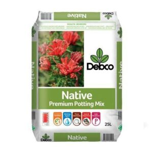 Bag of Debco Native Potting & Planting Soil Mix 25L, featuring red flowers and various product icons on the packaging. This high-quality planting soil mix ensures your garden thrives with every use.