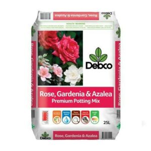 A 25L bag of Debco Rose, Gardenia & Azalea Soil Mix 25L. The packaging showcases vibrant images of red, pink, and white flowers and various quality seals, making it an ideal soil mix for your gardening needs.