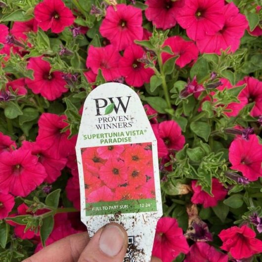A hand holds a plant tag in front of pink petunias. The tag reads "Petunia Supertunia® 'Paradise' 6" Pot.