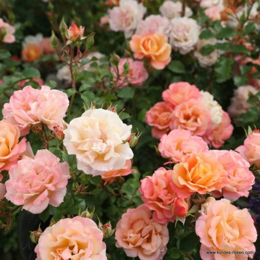 A close-up of a garden features blooming Rose 'Cubana' bushes in an array of pink, peach, and cream shades, highlighting the elegant form typical of this variety.