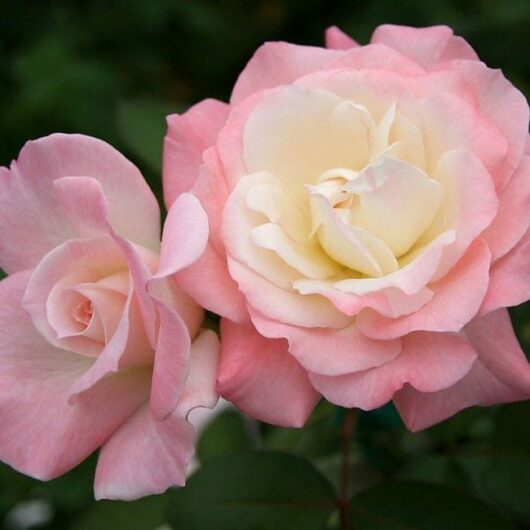 Two blooming Rose 'Pristine™' bushes with pink petals and creamy centers stand out against a blurred green background, highlighting their classic bush form.