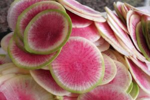 Radish 'Watermelon' from a 4" pot are artfully stacked, showcasing vibrant pink centers and pale green edges, creating a colorful display reminiscent of nature's palette.