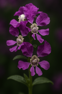 Cuphea 'Violet' 4" Pot displays ruffled violet petals and lush green leaves, shown close-up against a softly blurred dark background.