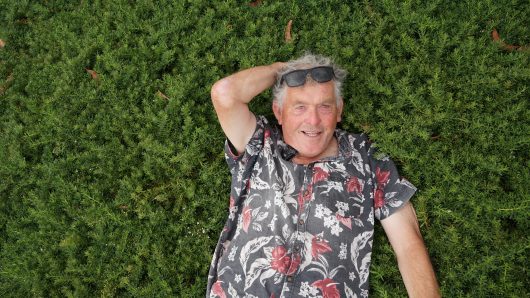 Man lying on the grass, smiling at the camera with a Myoporum 'Broad Leaf' 6" Pot (Bulk Buy 12) beside him.