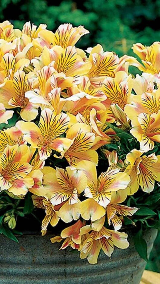 The Alstroemeria 'Sara' Princess Variety features yellow and orange blooms with striped petals in a 7'' pot, displayed against a blurred green background.
