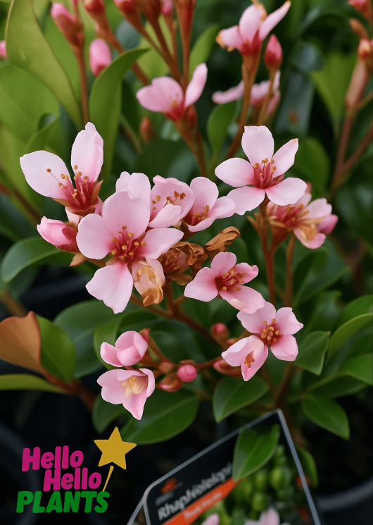 Rhaphiolepis 'Springtime' Indian Hawthorn 6" Pot features a cluster of small pink flowers with yellow stamens and green leaves. "Hello Hello Plants" label is in the bottom left corner.