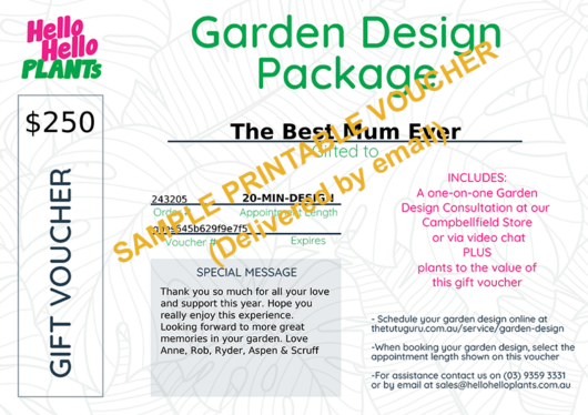 A sample of the actual gift voucher that is generated and emailed for the Garden Design Package