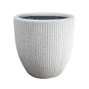 A GardenLite Fluted Cone White decorative pot with indented lines for feature plants