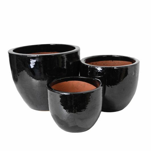 glazed squat egg plant pots set of three different sized glazed
