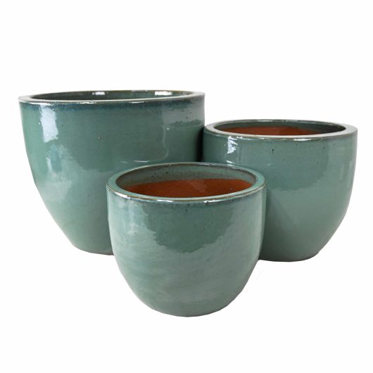 Three Glazed Squat Egg Jade L (38x31) pots on a white background.