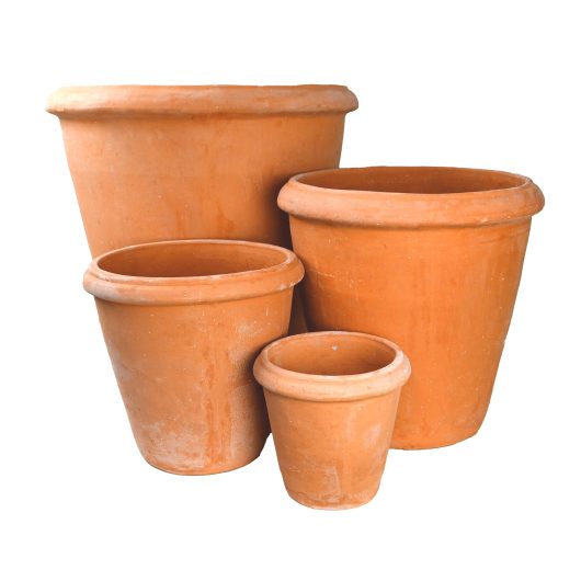 four Terracotta Rolled Rim Cone Traditional pots ready for plants decorative for gardens