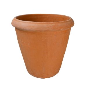 A Terracotta Rolled Rim Cone Traditional pot singular ready for planting plants inside