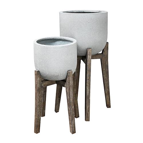 Urban Style Egg Pot with Leg stand Cement grey colour, two pots whith brown leg stands for feature plants