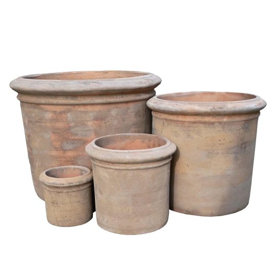 Four large Antique Terracotta DoubleRim Cylinder Basalt XL 52x39cm pots on a white background.