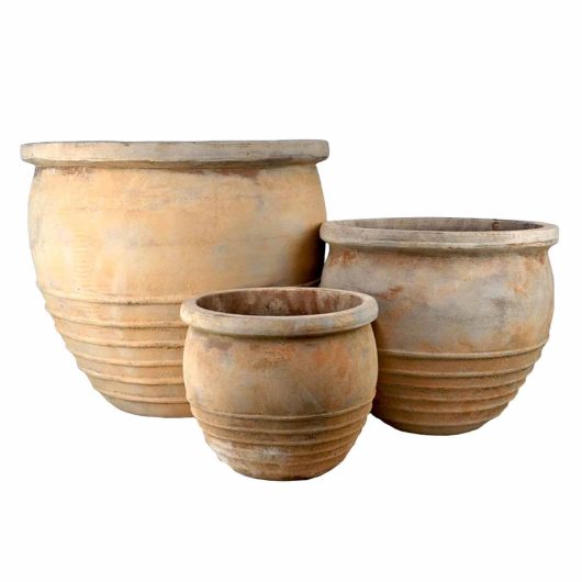 Three Antique Terracotta Rope Bowl Planter Basalt pots different sizes for feature plants
