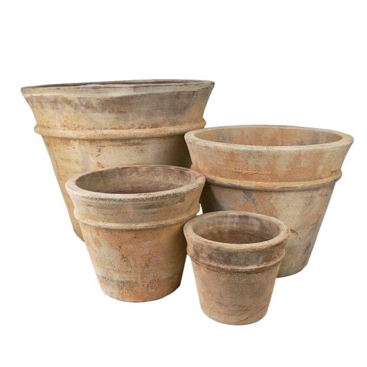 A set of Three Antique Terracotta Rim Planter Basalt pots rustic dusty brown colour different sizes for feature plants