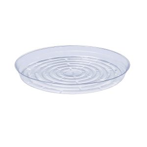 A clear plastic plate saucer on a white background set with decorative feature pots