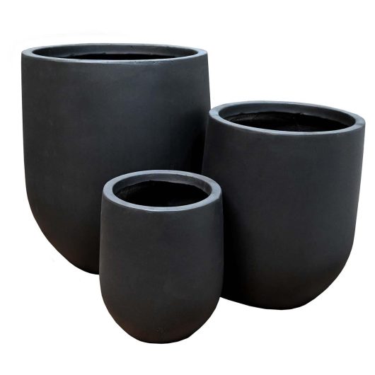 a set of 3 black decorative feature pots for plants different sizes