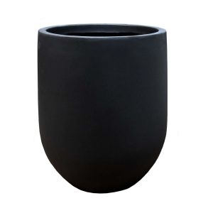 A black planter on a white background. Decorative feature pot black singular for plants